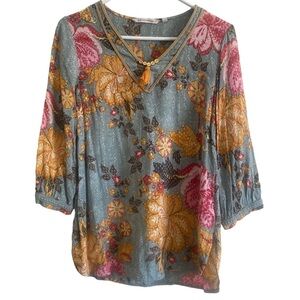 Soft Surroundings Boho Floral Embellished Collar Tunic Size XS‎ EUC Oversized